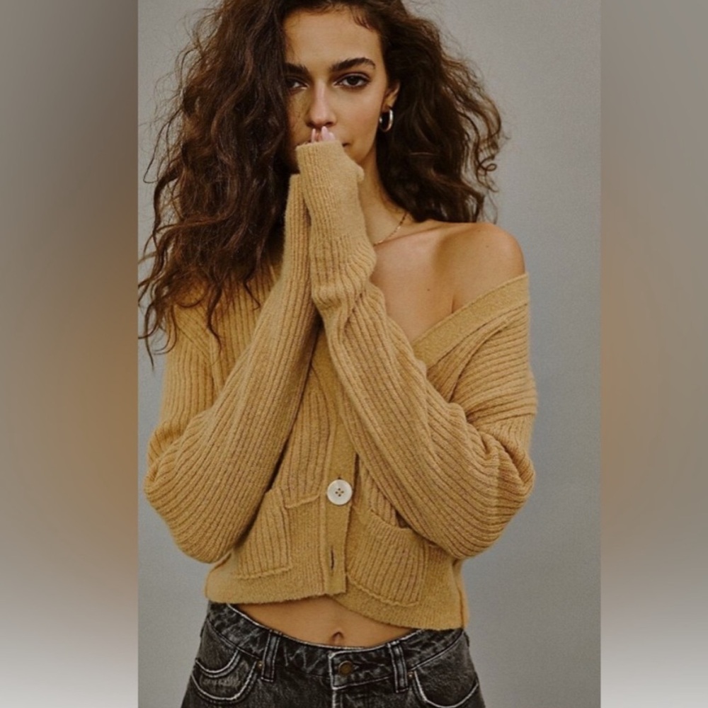 Free People Mimosa Ribbed Knit Cardigan Camel Ribbed Button Cardigan Sweater